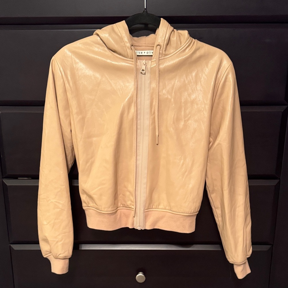 Alice + Olivia Tan Women's Vegan Leather Hoodie Zip Jacket